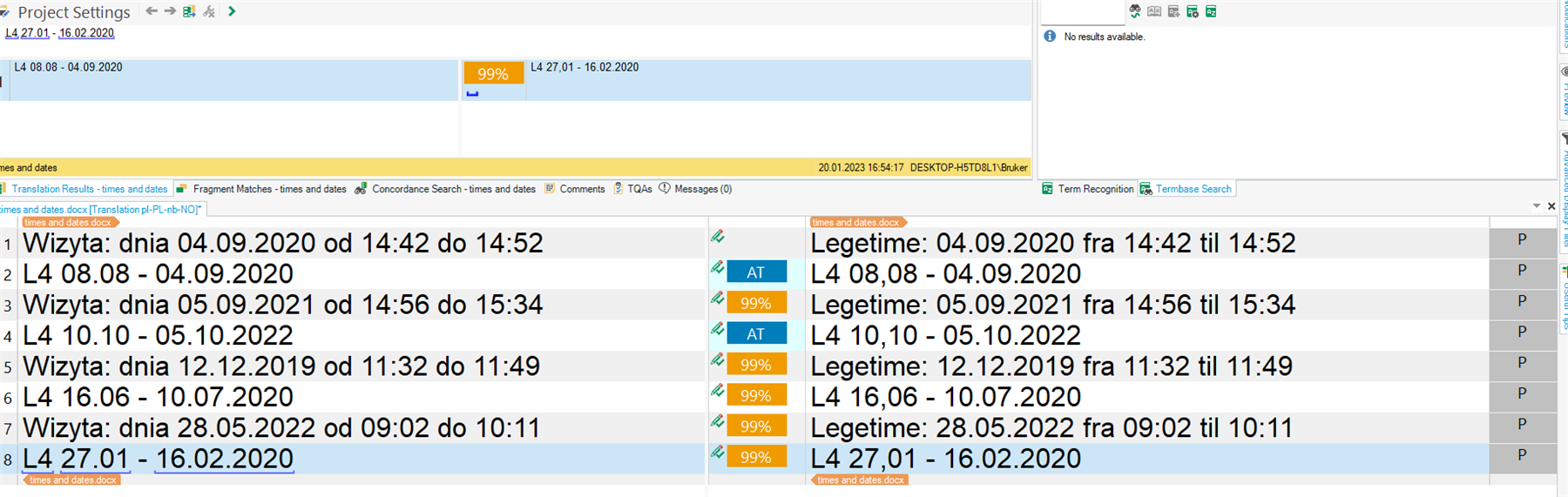 Trados Studio interface showing translation segments with some marked as AT and 99% matches, despite no AT settings enabled.
