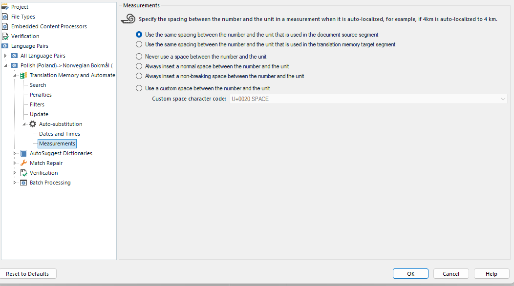 Trados Studio screenshot showing the 'Measurements' settings under 'Auto-substitution' with options for spacing between numbers and units in auto-localized measurements.