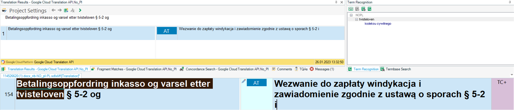 Screenshot of Trados Studio showing a translation match labeled 'AT' from Google Cloud Translation instead of a 100% match from the translation memory.