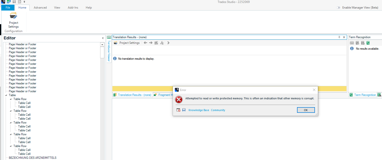 Trados Studio error message: 'Attempted to read or write protected memory. This is often an indication that other memory is corrupt.' with an OK button.