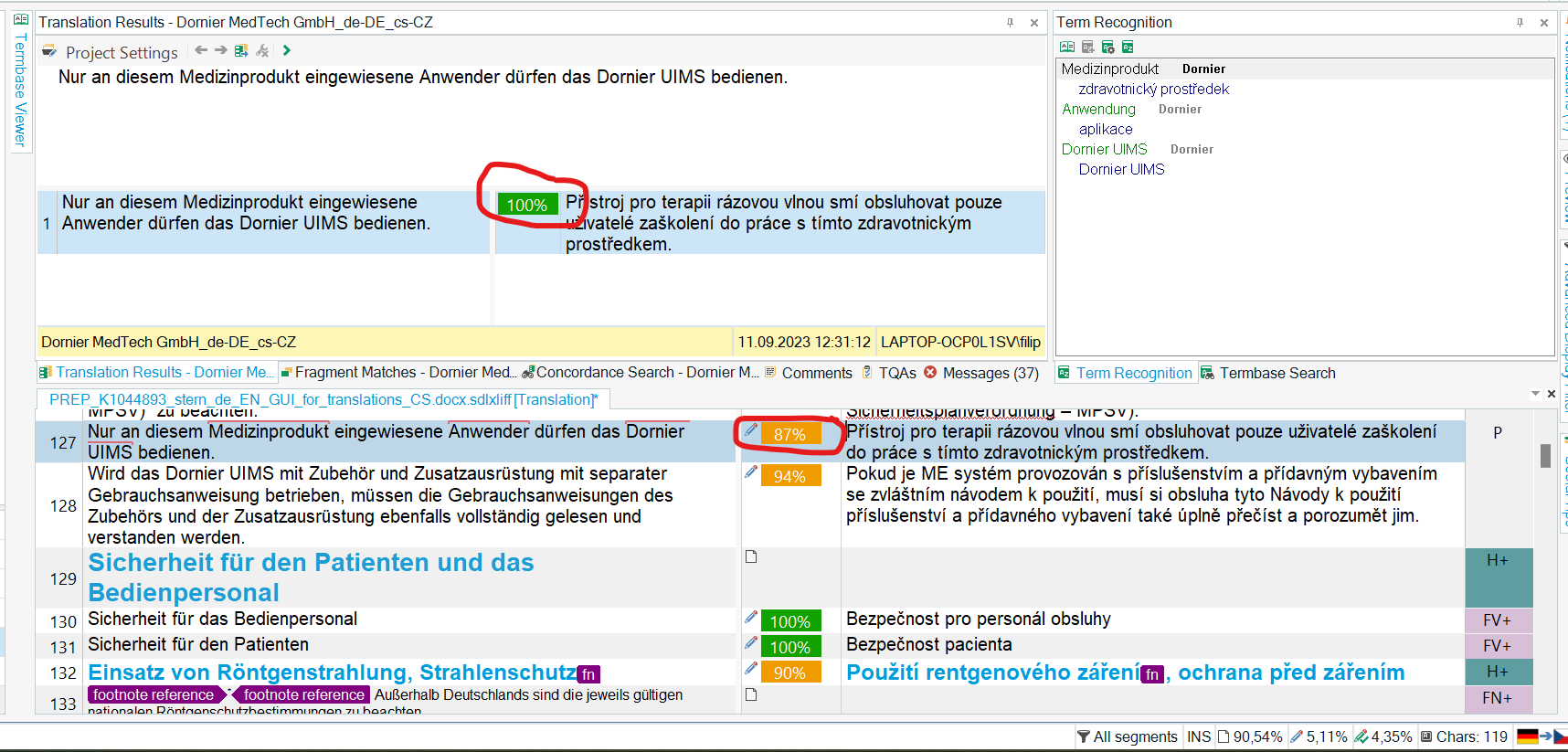Screenshot of Trados Studio showing a discrepancy between Translation window and Translation Results window. The Translation window correctly displays an orange 87% match, while the Translation Results window incorrectly shows a green 100% match.