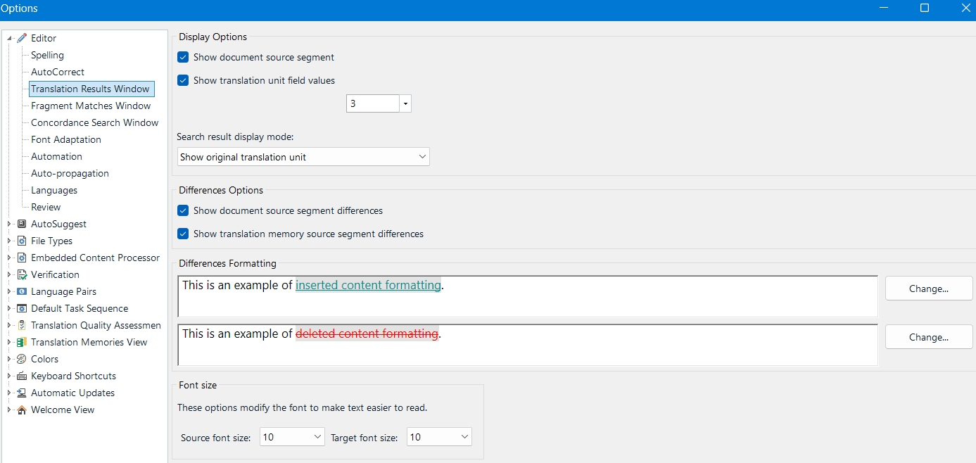 Screenshot of Trados Studio Options menu with 'Differences Options' section visible. Checkboxes for 'Show document source segment differences' and 'Show translation memory source segment differences' are checked. Examples of 'inserted' and 'deleted' content formatting are shown.