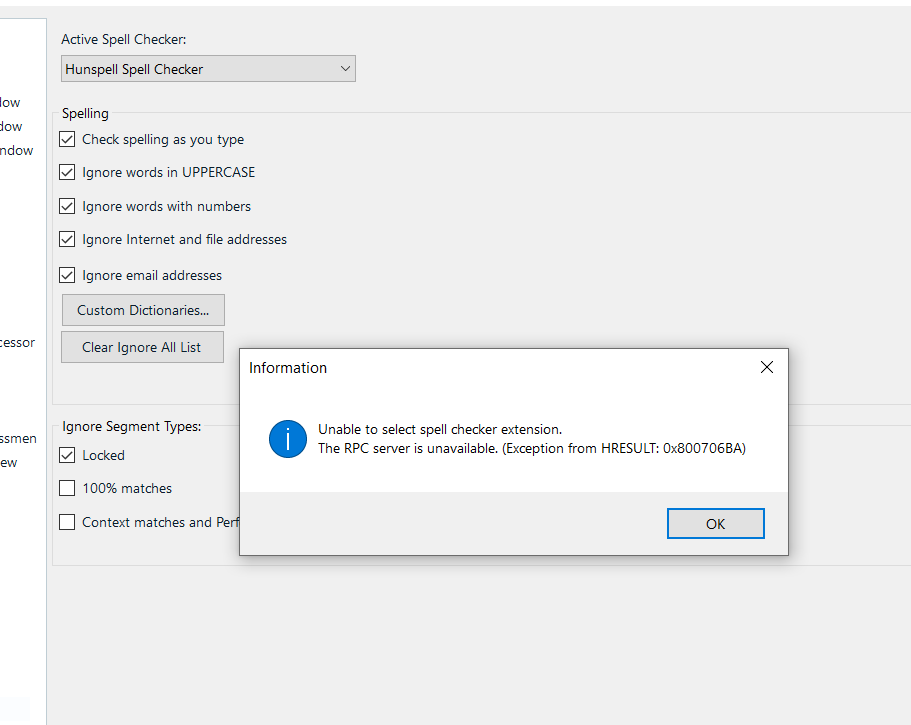 Trados Studio 2021 spell checker settings window with an error message popup saying 'Unable to select spell checker extension. The RPC server is unavailable. (Exception from HRESULT: 0x800706BA)' with an OK button.