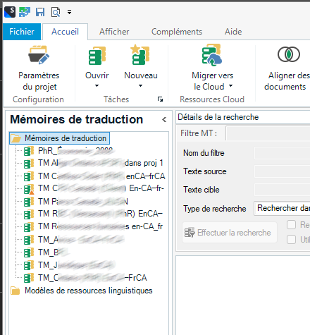 Screenshot of Trados Studio's Translation Memory tab with a list of memory databases. The interface appears responsive with no visible errors or warnings.