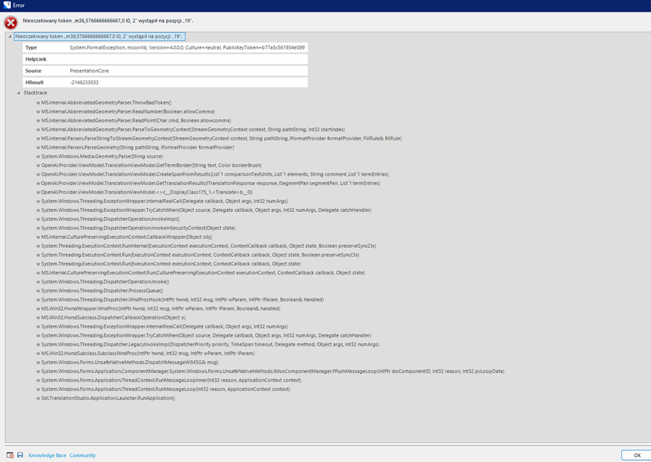 Error dialog in Trados Studio with a System.FormatException error message, mentioning 'unexpected token' and a stack trace with various method calls.