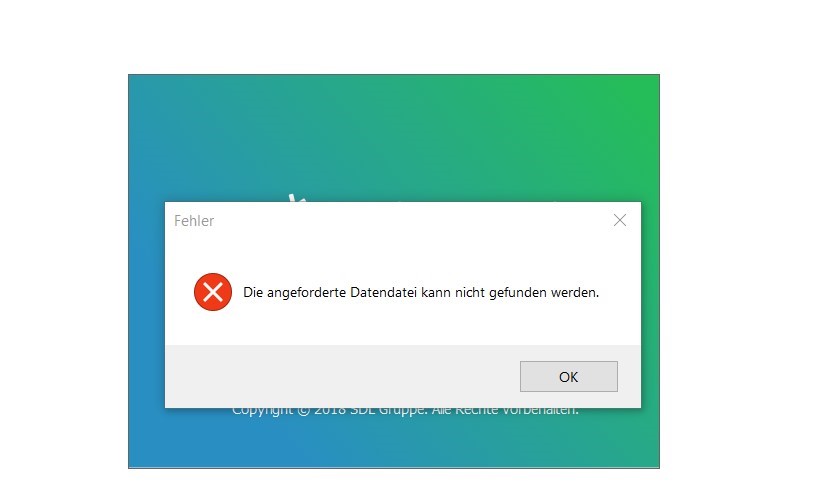 Error message in Trados Studio 2019 stating 'The requested data file cannot be found' in German with an OK button.