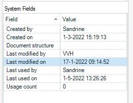 Screenshot of Trados Studio System Fields showing inconsistent dates with 'Last modified on' displaying a future date, 17-1-2022 09:14:52.