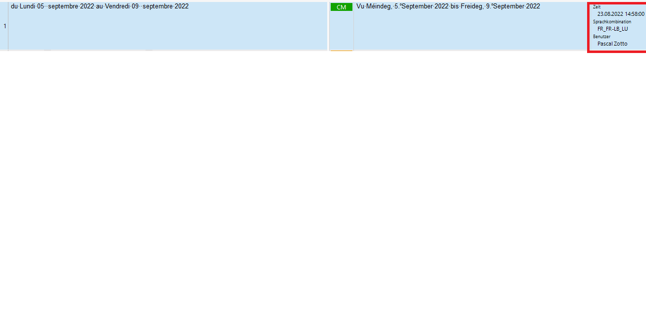 Screenshot of Trados Studio interface showing a calendar view with dates from Monday, 5th September 2022 to Friday, 9th September 2022. A 'CM' column is highlighted and a date picker is visible on the right side with the date 23.08.2022 14:58:00. Language combination FR_FR-LB_LU and user Pascal Zotto are also displayed.