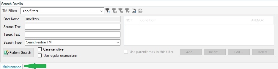Screenshot of Trados Studio TM view with a tab labeled 'Maintenance' instead of the TM name, showing search details with no filters applied.