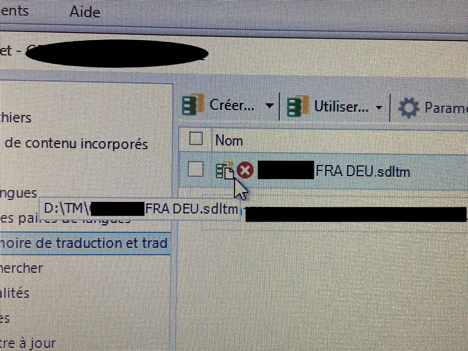 Close-up of Trados Studio's Translation Memory settings indicating an issue with the 'FRA DEU.sdltm' file path, showing a warning icon and a file path starting with 'D:TM'.