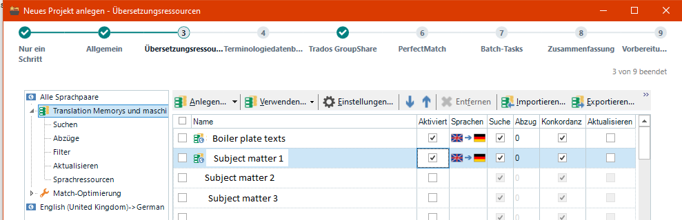 Trados Studio project setup window showing Translation Memory settings with 'Boiler plate texts' enabled and 'Subject matter 1' enabled, while 'Subject matter 2' and 'Subject matter 3' are disabled.