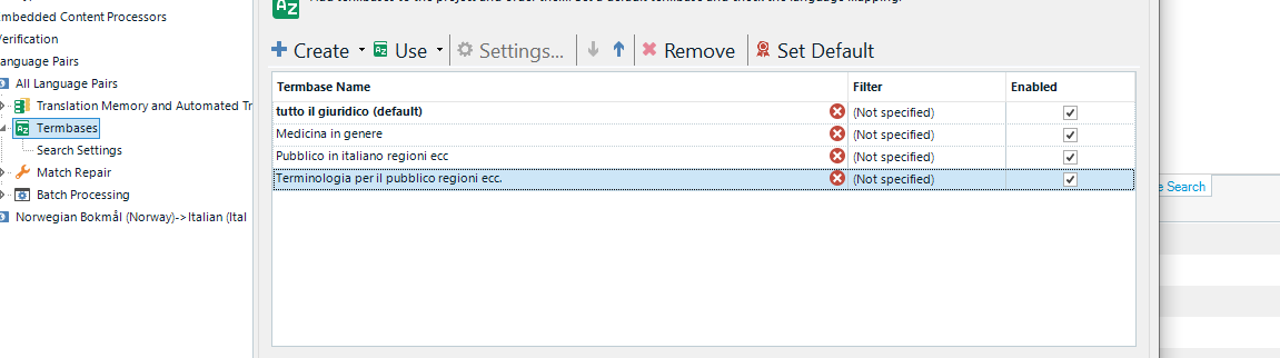 Trados Studio screenshot showing TermBase Management with a list of term bases and a warning icon indicating 'Not specified' filter for each term base.