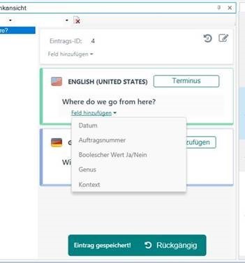 Trados Studio screenshot showing a term entry dialog with options in English and German, and a message 'Eintrag gespeichert!' indicating the entry is saved.