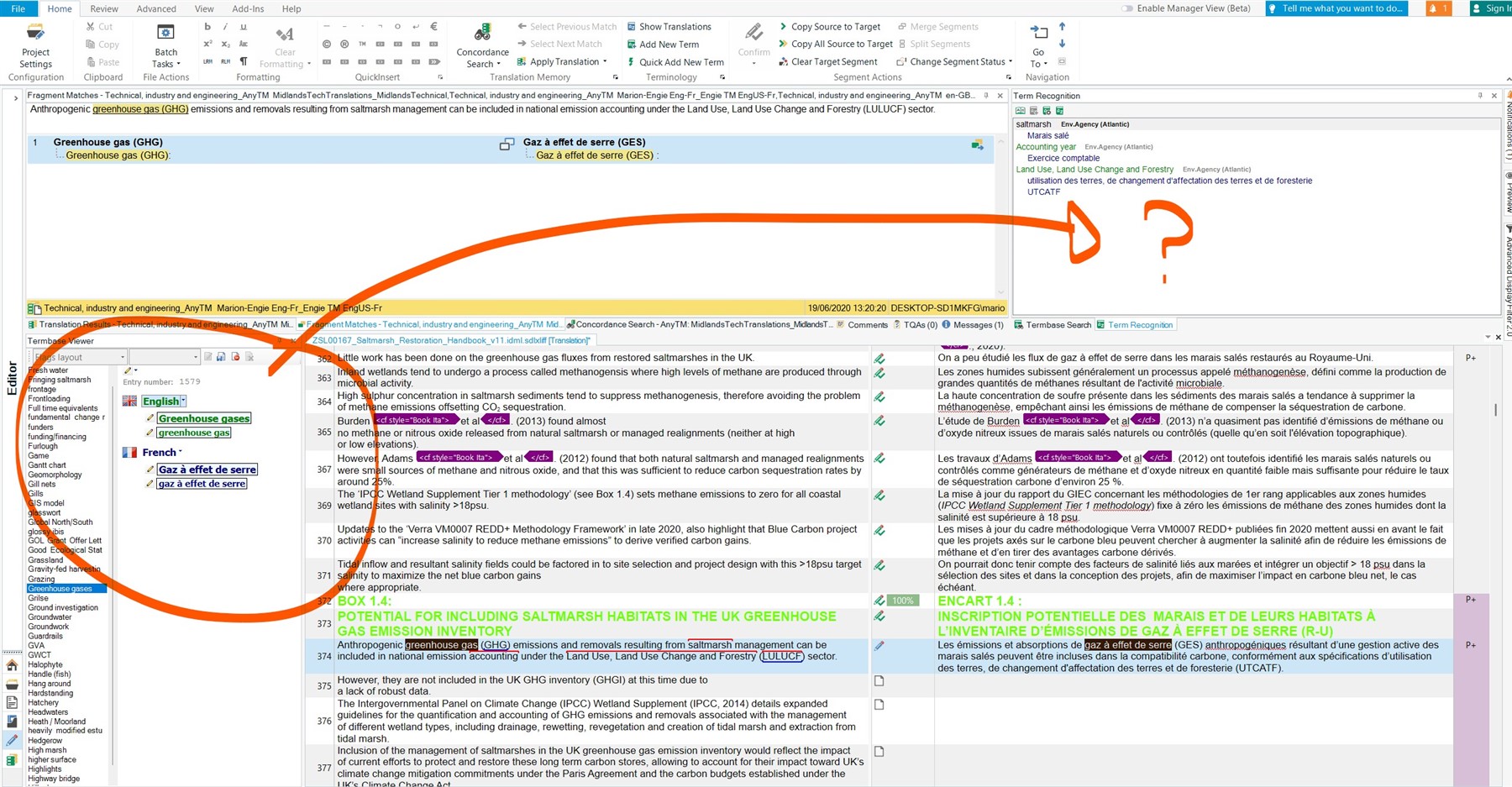 Screenshot of Trados Studio software showing term recognition issue. The term 'Greenhouse gas (GHG)' is highlighted in the termbase but not in the main text editor, despite being present in the text. Arrows and question marks indicate confusion about the lack of term highlighting.