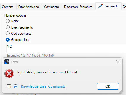Error message in Trados Studio stating 'Input string was not in a correct format.' with an OK button.