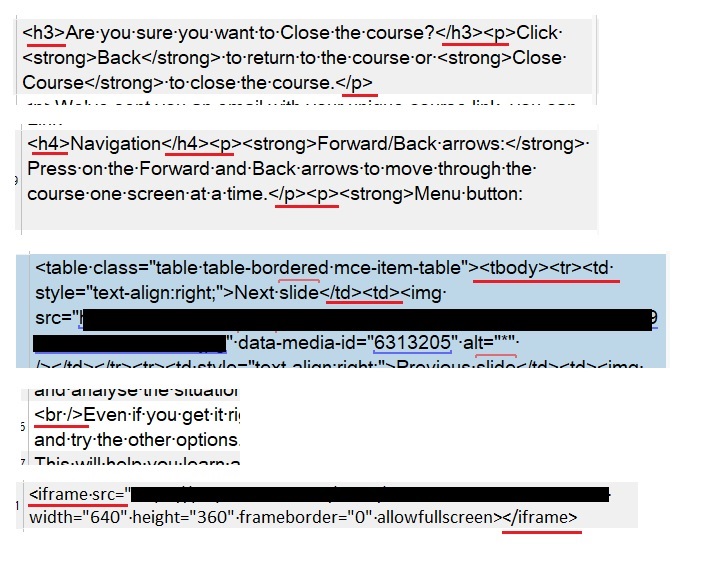 Screenshot of Trados Studio showing HTML code with strong tags around text for emphasis and navigation instructions, including a table with a missing image source attribute.