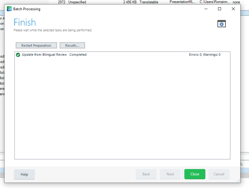 Trados Studio batch processing window showing 'Update from Bilingual Review' completed with no errors or warnings.