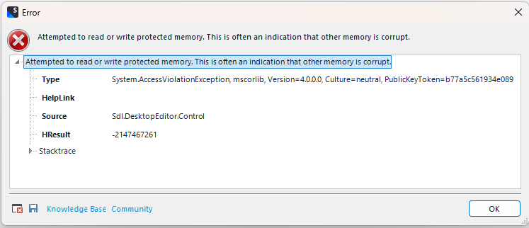 Error dialog box in Trados Studio 2022 showing 'Attempted to read or write protected memory' indicating possible memory corruption.