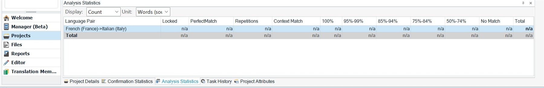 Screenshot of Trados Studio 2022 Freelance Analysis Statistics showing 'na' for all columns including Locked, PerfectMatch, Repetitions, Context Match, and different match percentage ranges for French to Italian language pair.