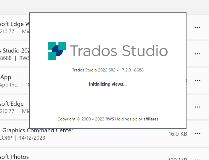 Trados Studio software window with the logo visible and a loading message that reads 'Initializing views...'. Version 2022 SR2 - 17.2.9.18688 is displayed at the top.