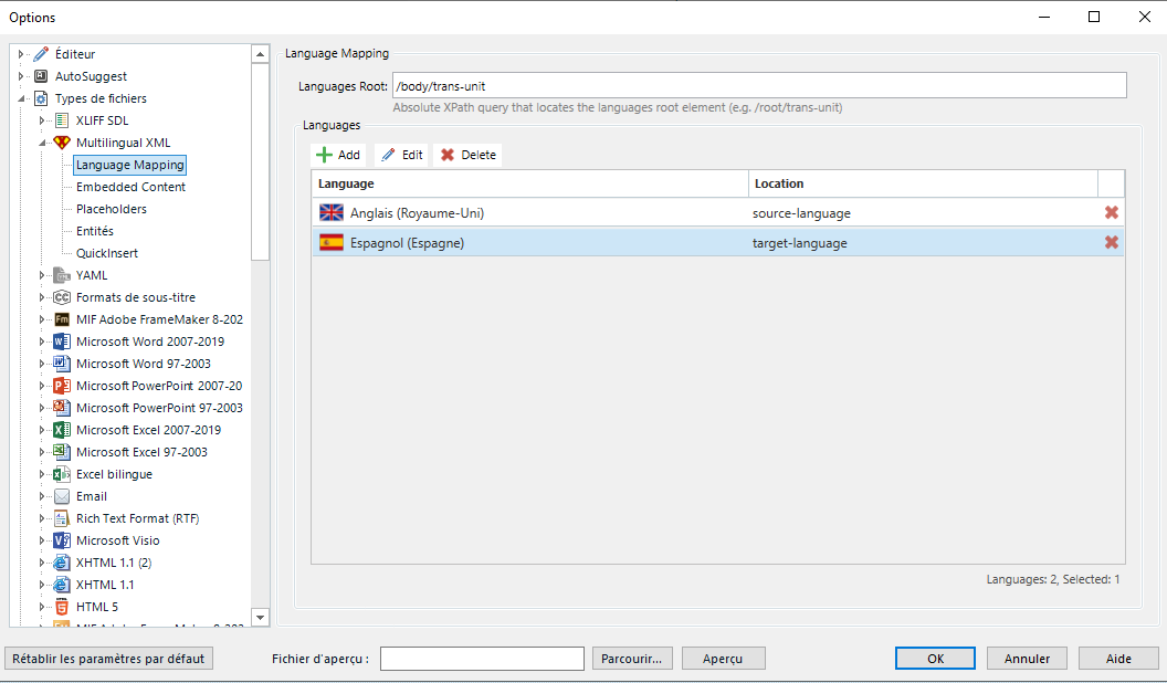 Trados Studio language mapping options window with English set as source language and Spanish as target language, no visible errors.