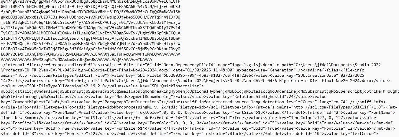 Screenshot of a text editor displaying code with XML and SDL Trados Studio file references. No visible errors or warnings.