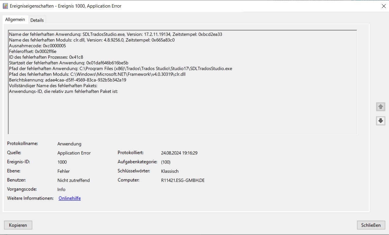 Screenshot of event properties showing an application error for SDLTradosStudio.exe, version 17.2.11.19134, with error code 0xc0000005 and details of the faulting module clr.dll.