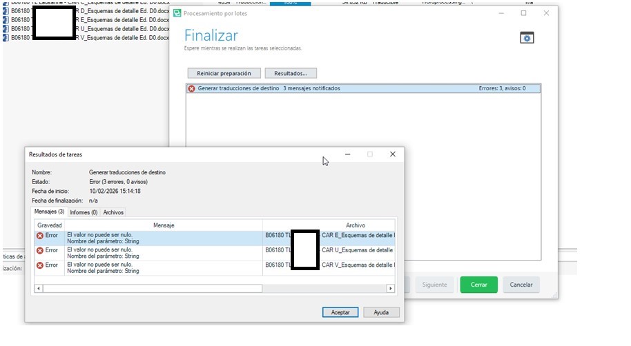 Error message in Trados Studio showing 'The value cannot be null. Parameter name: String' for three files in the task results window.