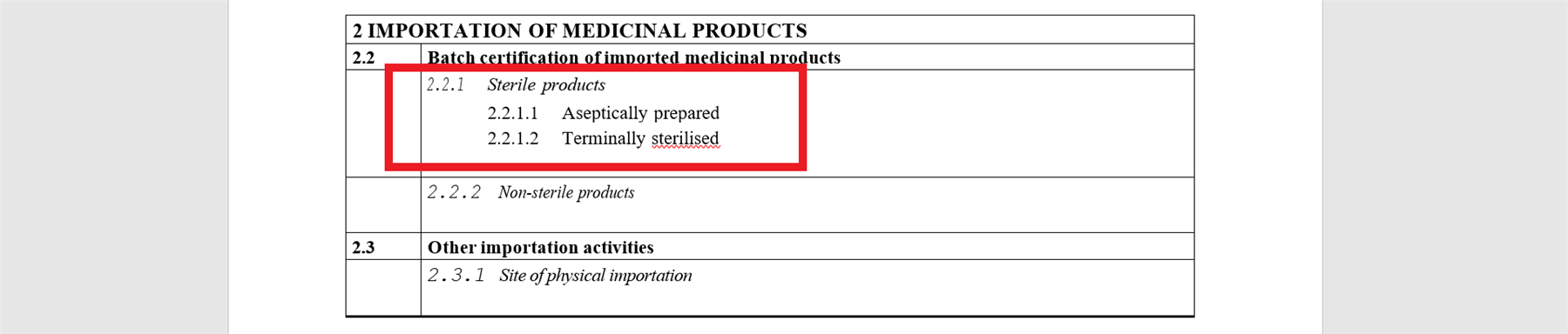 Screenshot of a Word document showing section 2.2 titled 'Batch certification of imported medicinal products' with sub-sections 2.2.1 'Sterile products', 2.2.1.1 'Aseptically prepared', and 2.2.1.2 'Terminally sterilised' highlighted.