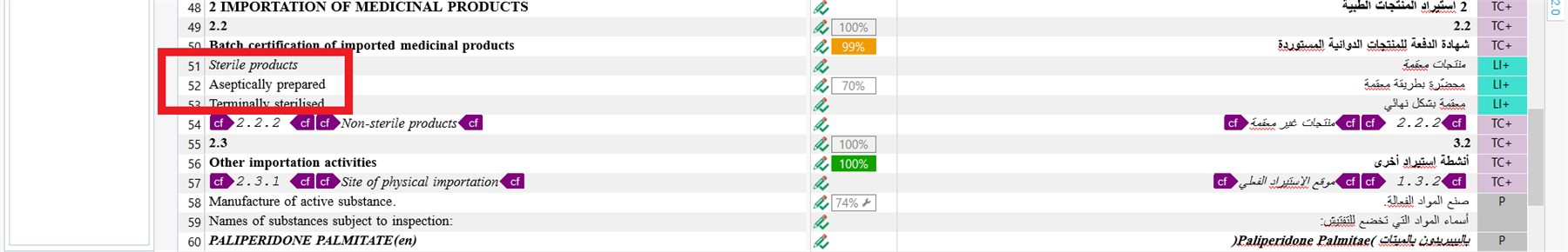 Screenshot of Trados Studio interface with the translation segments corresponding to the Word document's section 2.2. The segments for 'Sterile products', 'Aseptically prepared', and 'Terminally sterilised' are highlighted, showing a match percentage next to each segment.