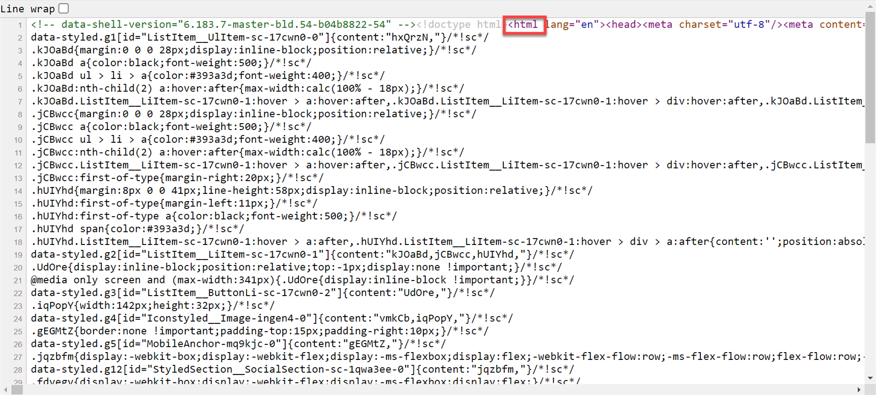 Screenshot of HTML source code with a highlighted section showing an opening HTML tag with a language attribute set to English and a meta charset set to UTF-8.