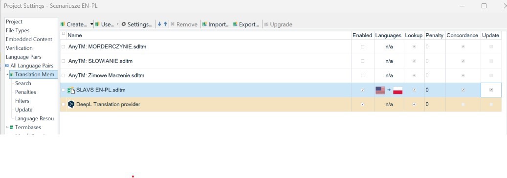 Screenshot of Trados Studio Project Settings showing Translation Memory and Automated Translation settings with no Translation Memories or Automated Translation providers enabled.