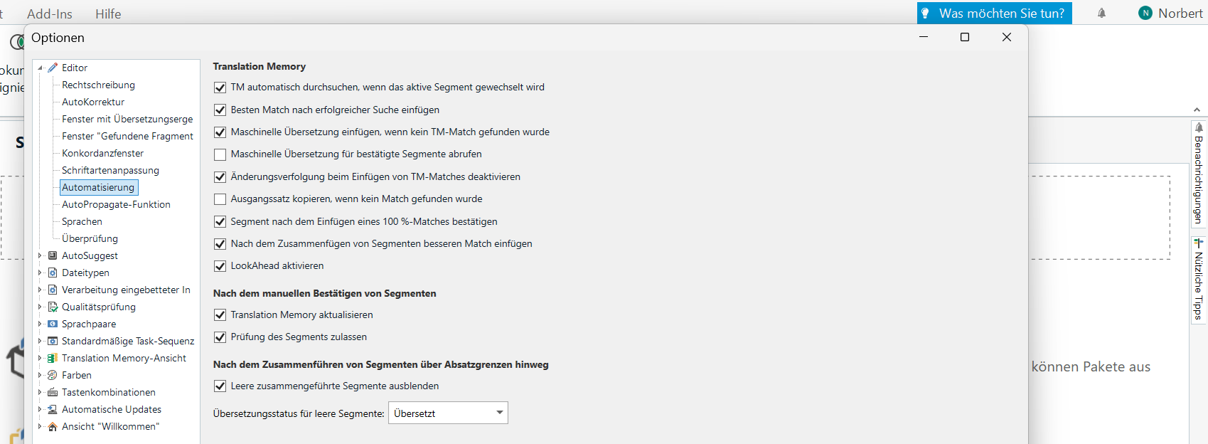 Trados Studio options window showing Translation Memory settings with various checkboxes and options for automation.