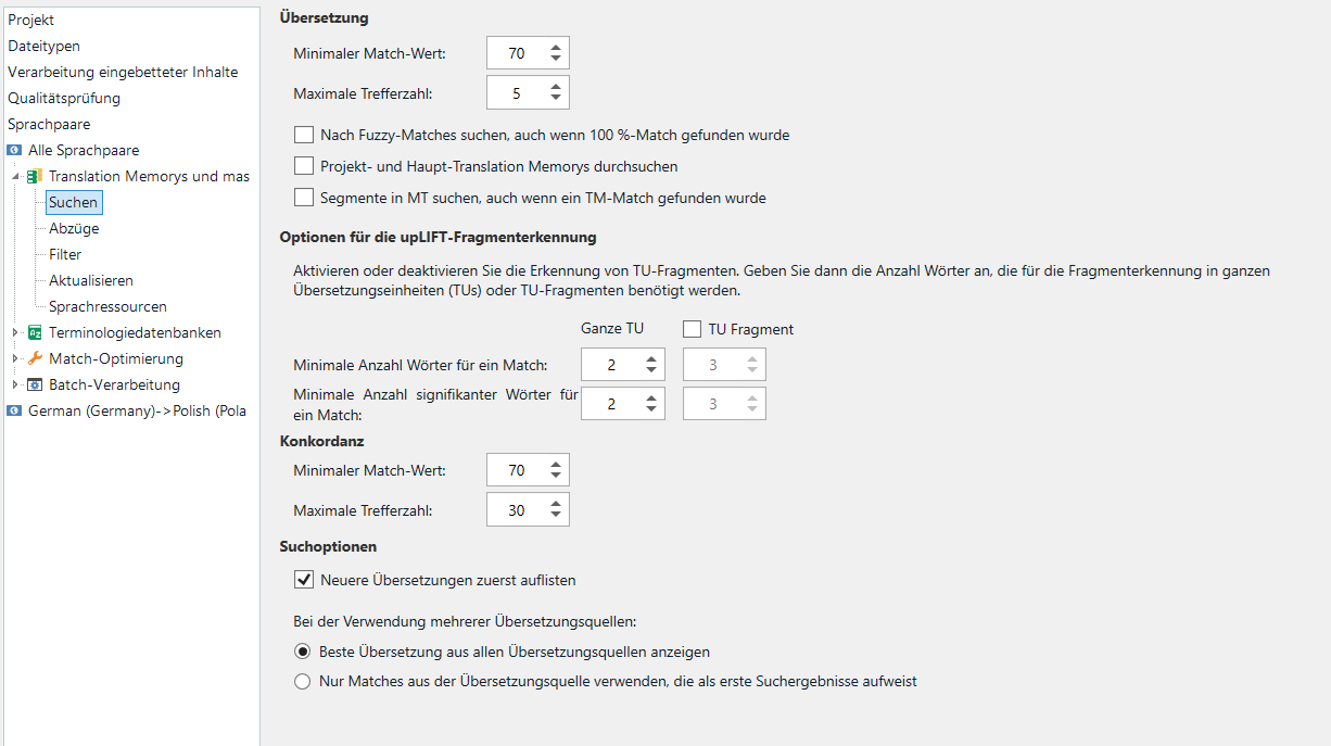 Trados Studio settings window displaying translation memory search options, match values, and uplift fragment recognition settings.