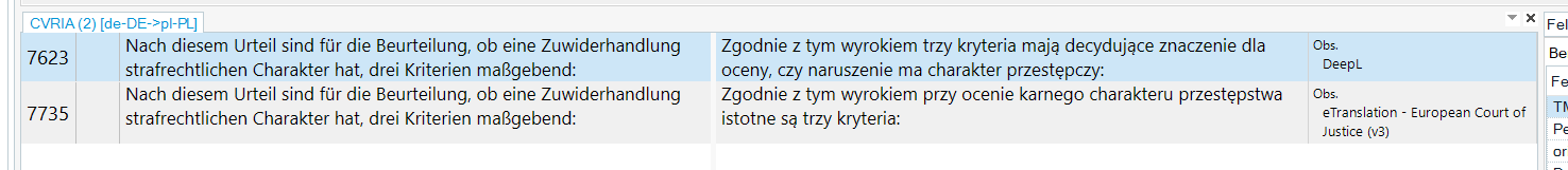 Trados Studio translation memory proposals showing German to Polish translations with two segments and their corresponding translations.