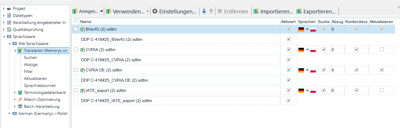 Trados Studio translation memory management window listing multiple TMs with their activation status, languages, and settings.