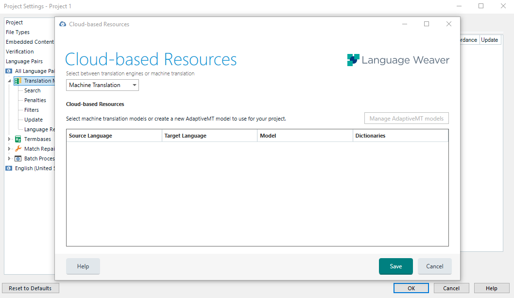 Trados Studio Project Settings window showing Cloud-based Resources tab with Language Weaver logo. No source or target languages or models are selected.