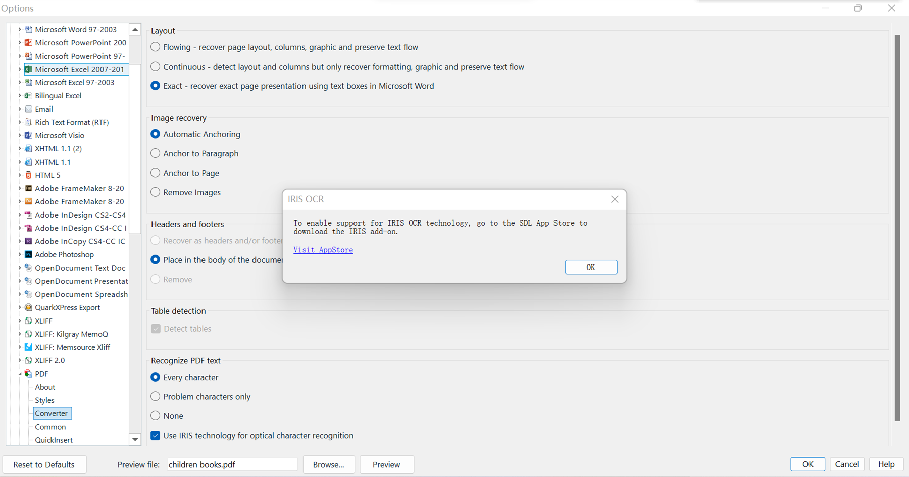 Error message in Trados Studio options stating 'To enable support for IRIS OCR technology, go to the SDL App Store to download the IRIS add-on.'