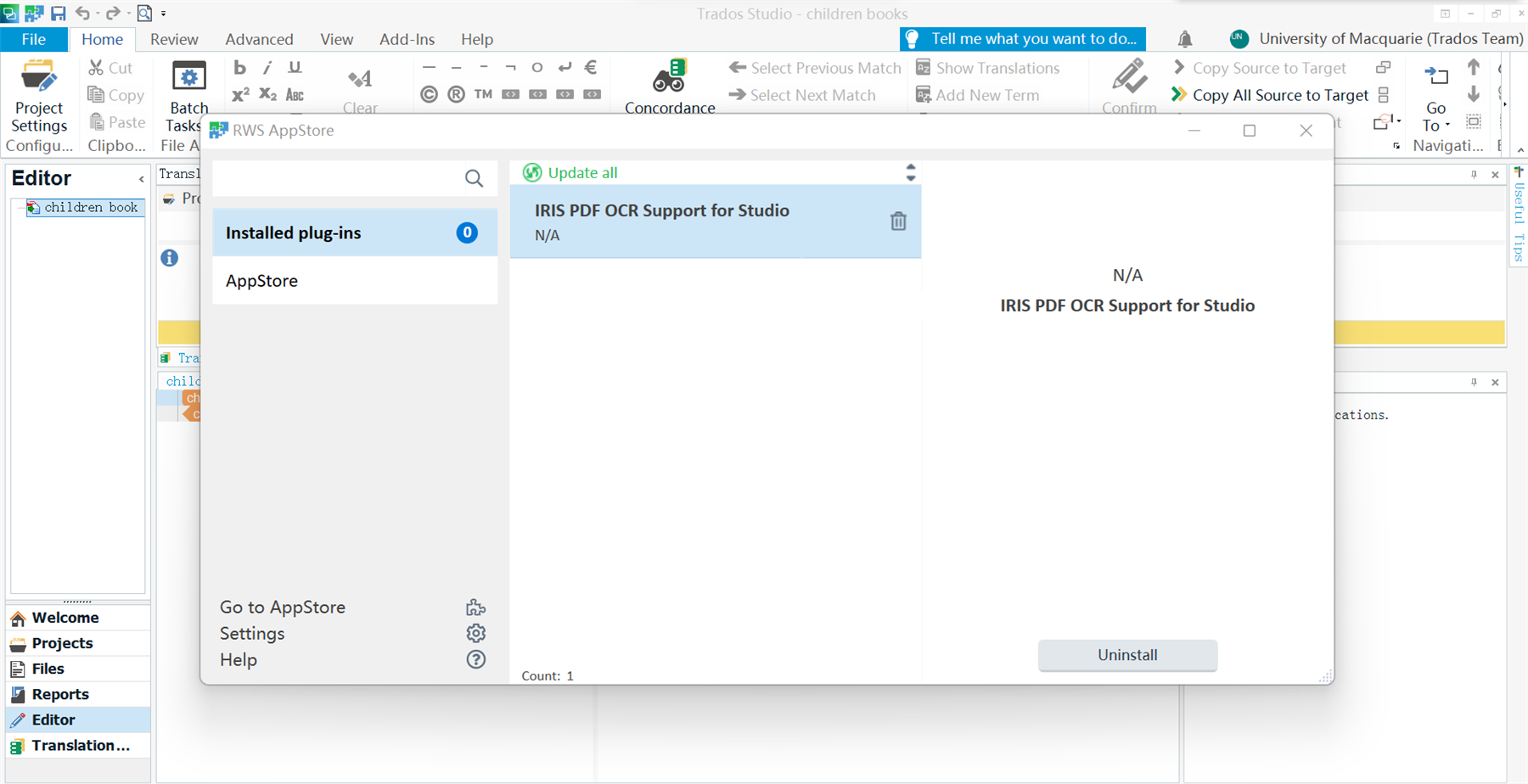 Screenshot of Trados Studio showing installed IRIS PDF OCR Support for Studio plugin with status NA.