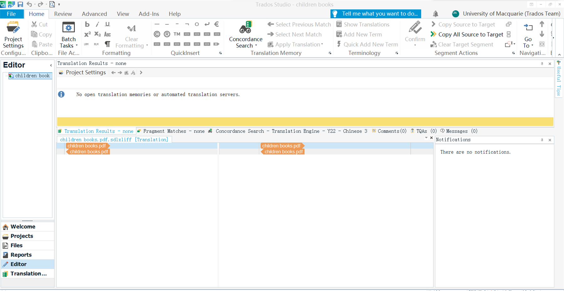 Trados Studio Editor with a message 'No open translation memories or automated translation servers.' and file 'children books.pdf' not accessible.