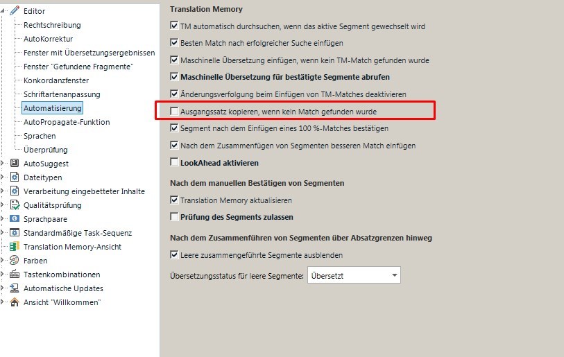 Screenshot of Trados Studio 'Automatisierung' settings with 'Ausgangssatz kopieren, wenn kein Match gefunden wurde' option checked and highlighted.