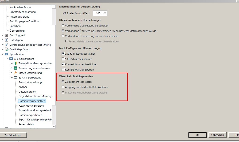 Screenshot of Trados Studio settings with a red box highlighting the 'Wenn kein Match gefunden' section, showing all options unchecked.