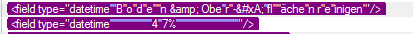 Screenshot of Trados Studio showing a field tag labeled as 'datetime' instead of text within a PowerPoint table.