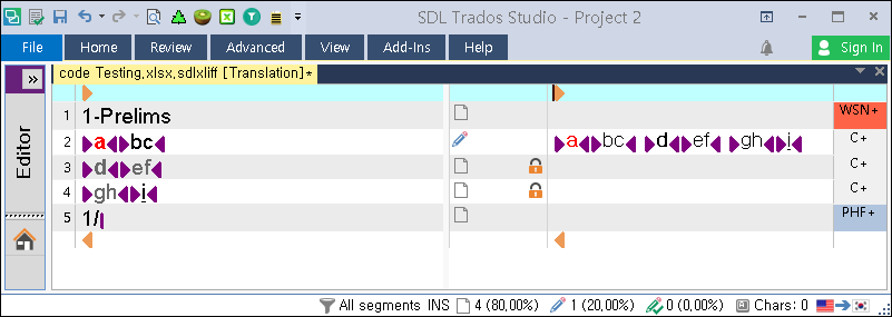 SDL Trados Studio interface showing a project with formatting errors. The Editor pane displays text with misplaced tags indicated by red exclamation marks.