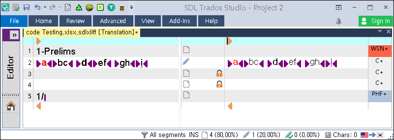 SDL Trados Studio interface showing a translation project with segments. Warnings indicated by orange triangles in the target column.