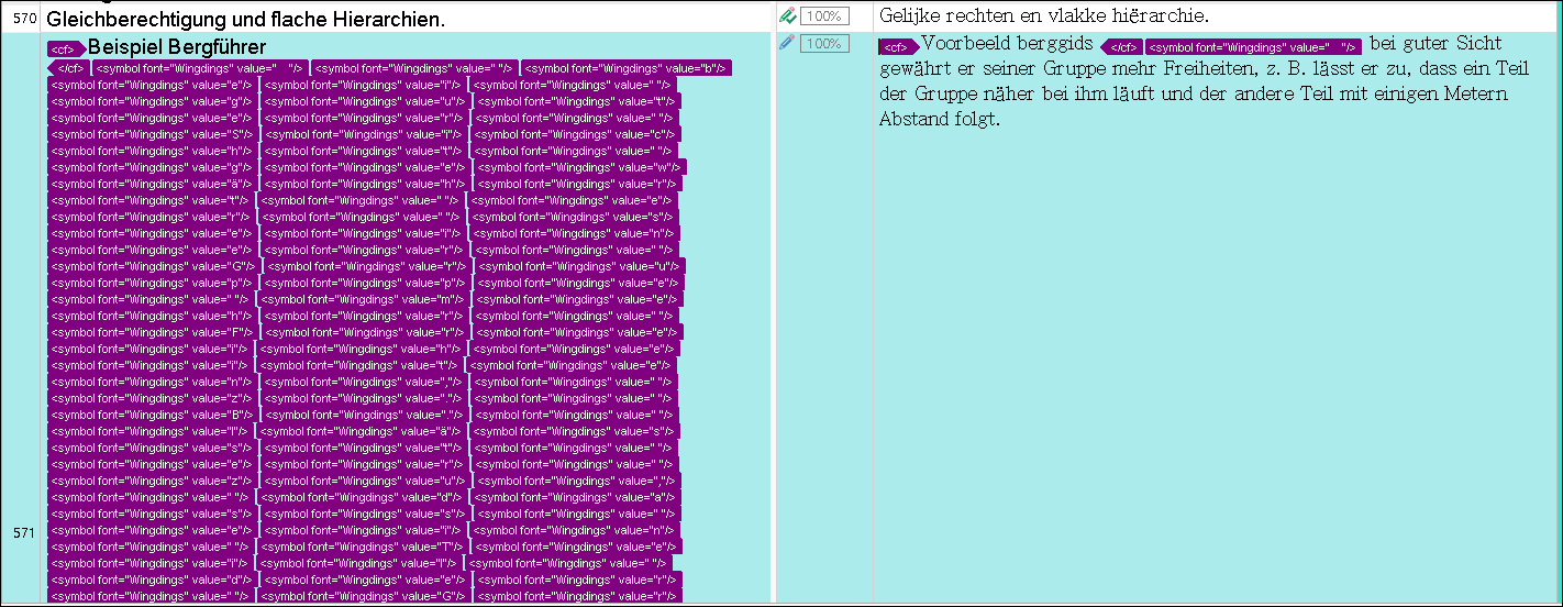 Screenshot of Trados Studio showing a series of 'symbol font="Wingdings" value="..."' entries, indicating an issue with displaying the arrow character correctly.