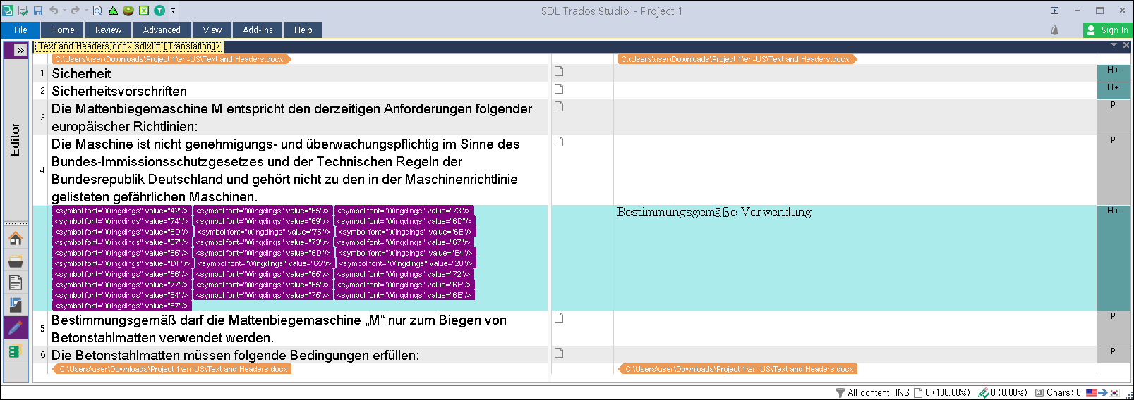 Screenshot of Trados Studio interface showing a text document in the Editor pane with multiple 'symbol font' tags converted into plain text, resulting in a series of 'Wingdings' values instead of readable text.