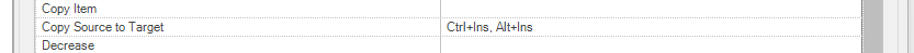 Trados Studio screenshot showing a dropdown menu with options 'Copy Item', 'Copy Source to Target' with shortcuts 'Ctrl+Ins, Alt+Ins', and 'Decrease'.