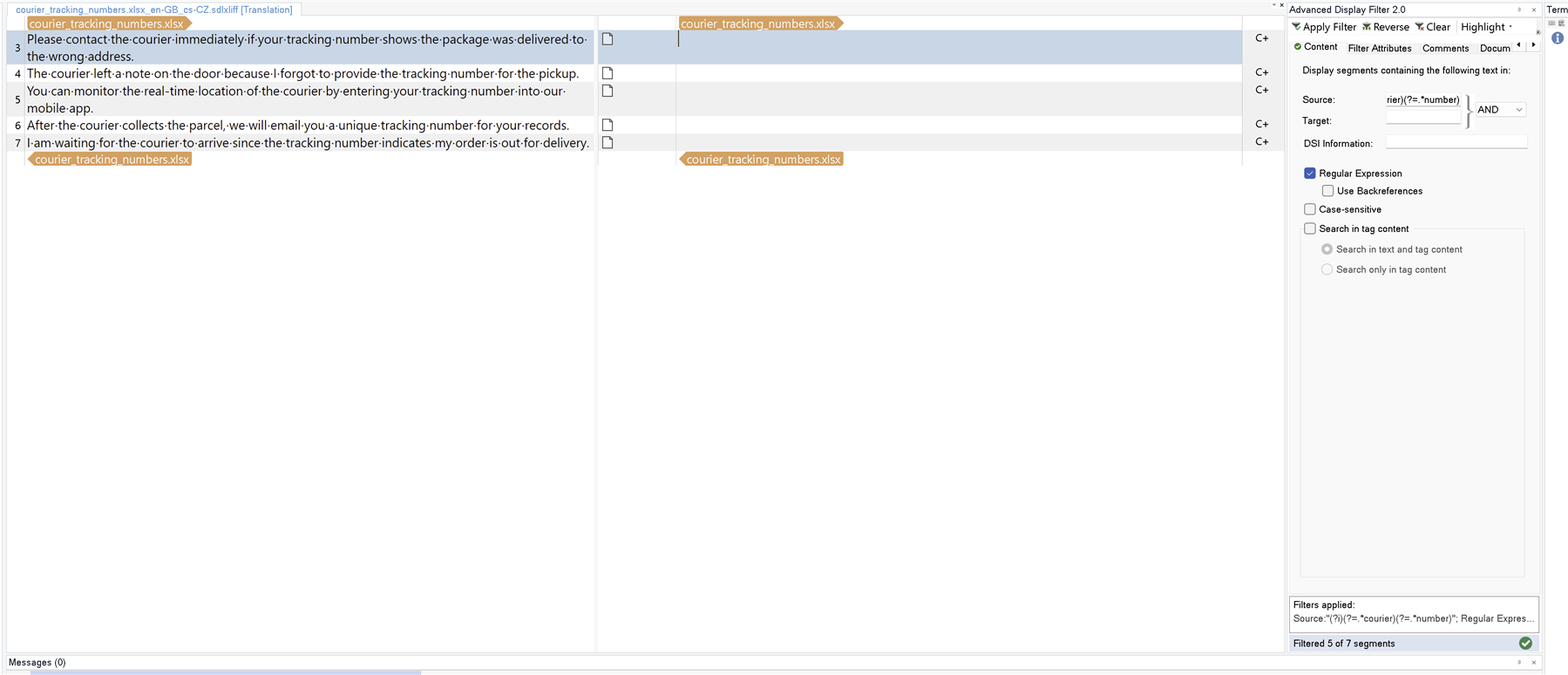 Trados Studio interface showing filtered segments using a complex regular expression to find 'courier' and 'number' in the same segment. Five of seven segments are displayed.