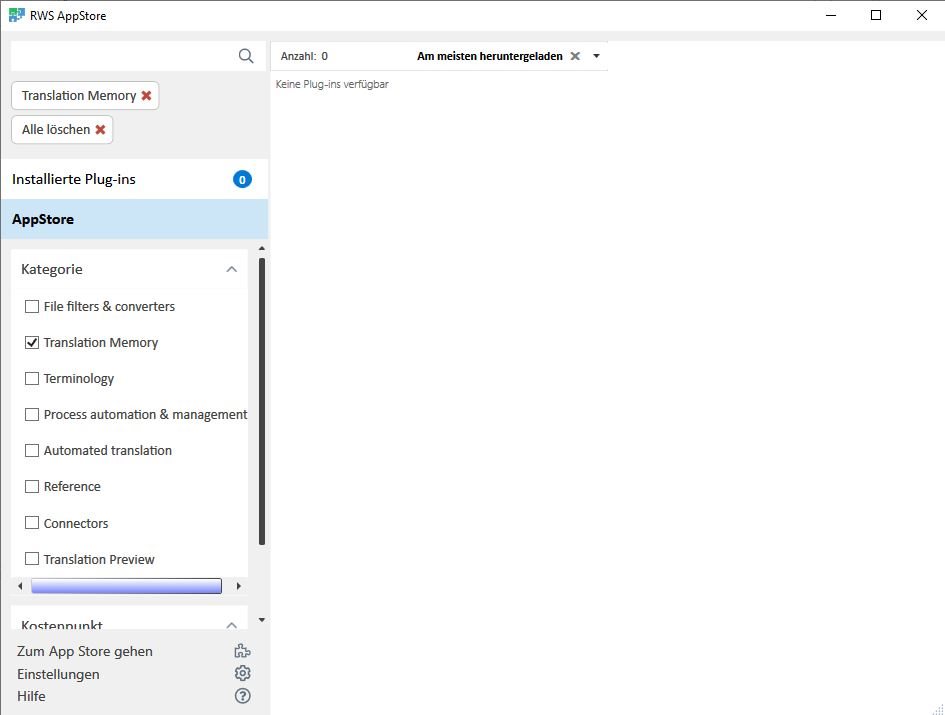 Screenshot of Trados Studio AppStore with no plugins available. The message 'Keine Plug-ins verfugbar' is displayed, indicating no plugins found.